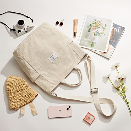 Corduroy Tote Bag, Large Zipper Messenger Bag Shoulder Hobo Crossbody Bag Casual Work Shopping Women Beige