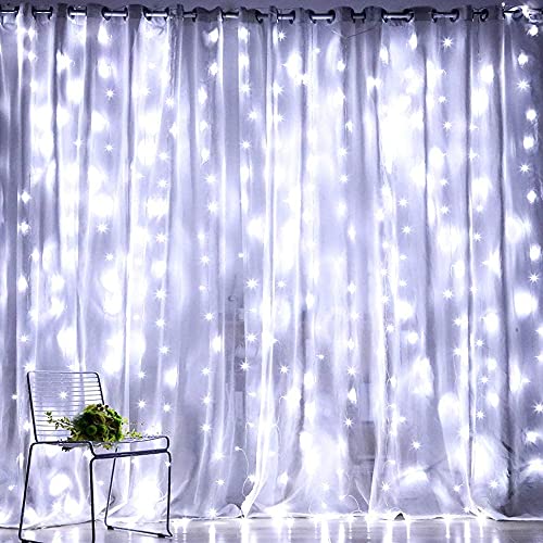 Curtain String Lights - 300 LED, 9.8ft x 9.8ft, 8 Lighting Modes, USB Powered, Waterproof Fairy Lights for Christmas, Parties, Weddings, and Indoor/Outdoor Wall Decorations (White)