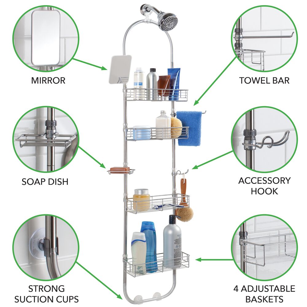 mDesign Metal Bathroom Shower Caddy Station, Brushed Stainless Steel