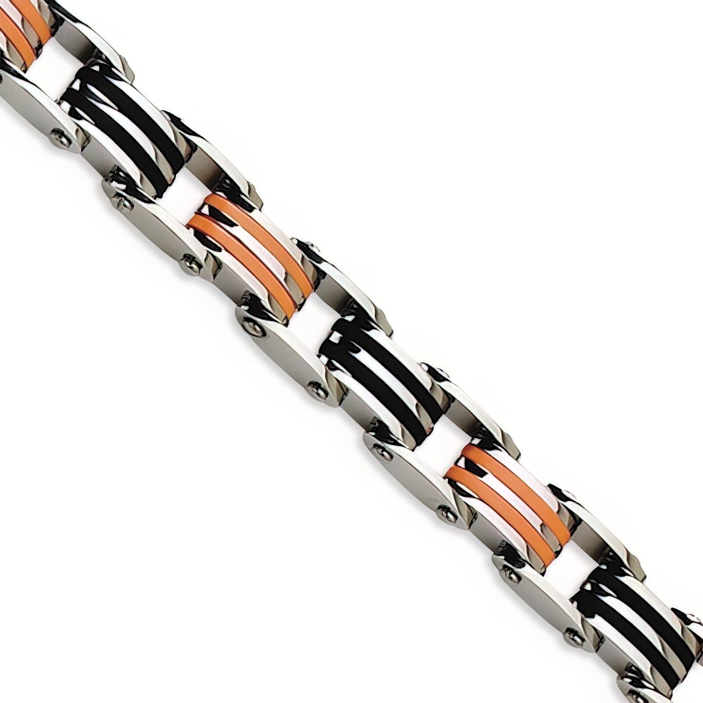 Stainless Steel Black &#x26; Orange Rubber Bracelet 8.75&#x22;