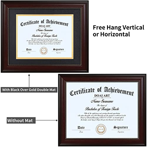 8.5 x 11 Diploma Frame - Classic Mahogany Display with Black Over Gold Mat, Fits 8.5x11-Inch with Mat or 11x14 Document & Certificate Without Mat, Wide Molding with Gold Beads, Includes Hanging Hardware for Wall and Tabletop Display