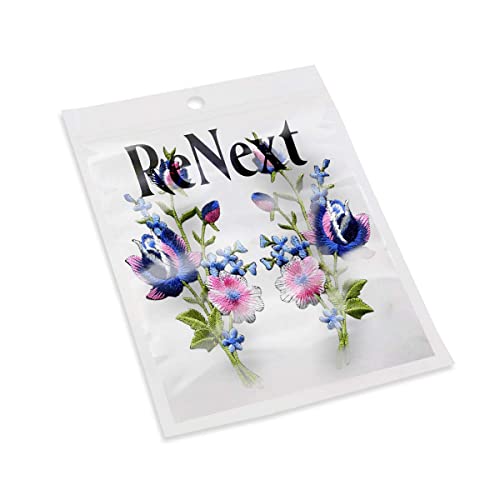 Pink and Blue Roses Pair - Floral Bouquet Embroidered Appliques, Iron-On Patches, New