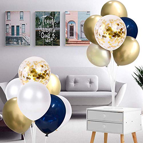 50 pcs 12 Inch Navy Blue and Gold Confetti Balloons - Pearl White and Gold Metallic Chrome Balloons for Birthday, Celebration, and Graduation Party