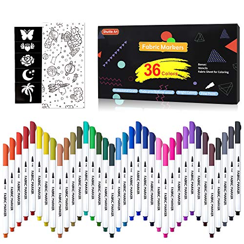 Shuttle Art 36 Colors Fabric Markers, Fabric Markers Permanent Markers for T-Shirts Clothes Sneakers Jeans with 11 Stencils 1 Fabric Sheet, Permanent Fabric Pens for Kids Adult Painting Writing&#x2026;