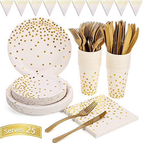 150 Pcs White and Gold Party Supplies Golden Dot Disposable Party Dinnerware Includes Paper Plates, Napkins, Knives, Forks, 12oz Cups, Banner, for Bridal Shower, Engagement, Wedding, Serves 25