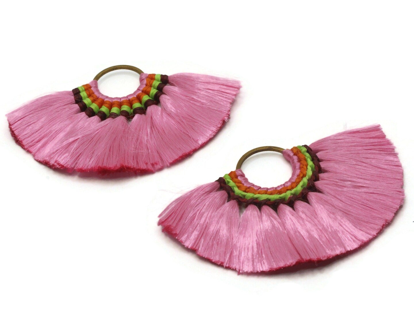 2 3.25 Inch Medium Pink with Multi-Color Thread Fan Tassel Pendants