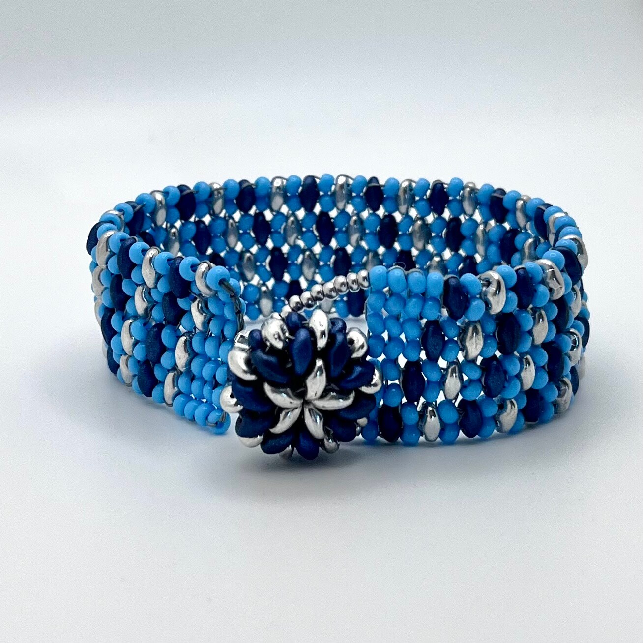 Superduo Button Bracelet in Blue and Silver