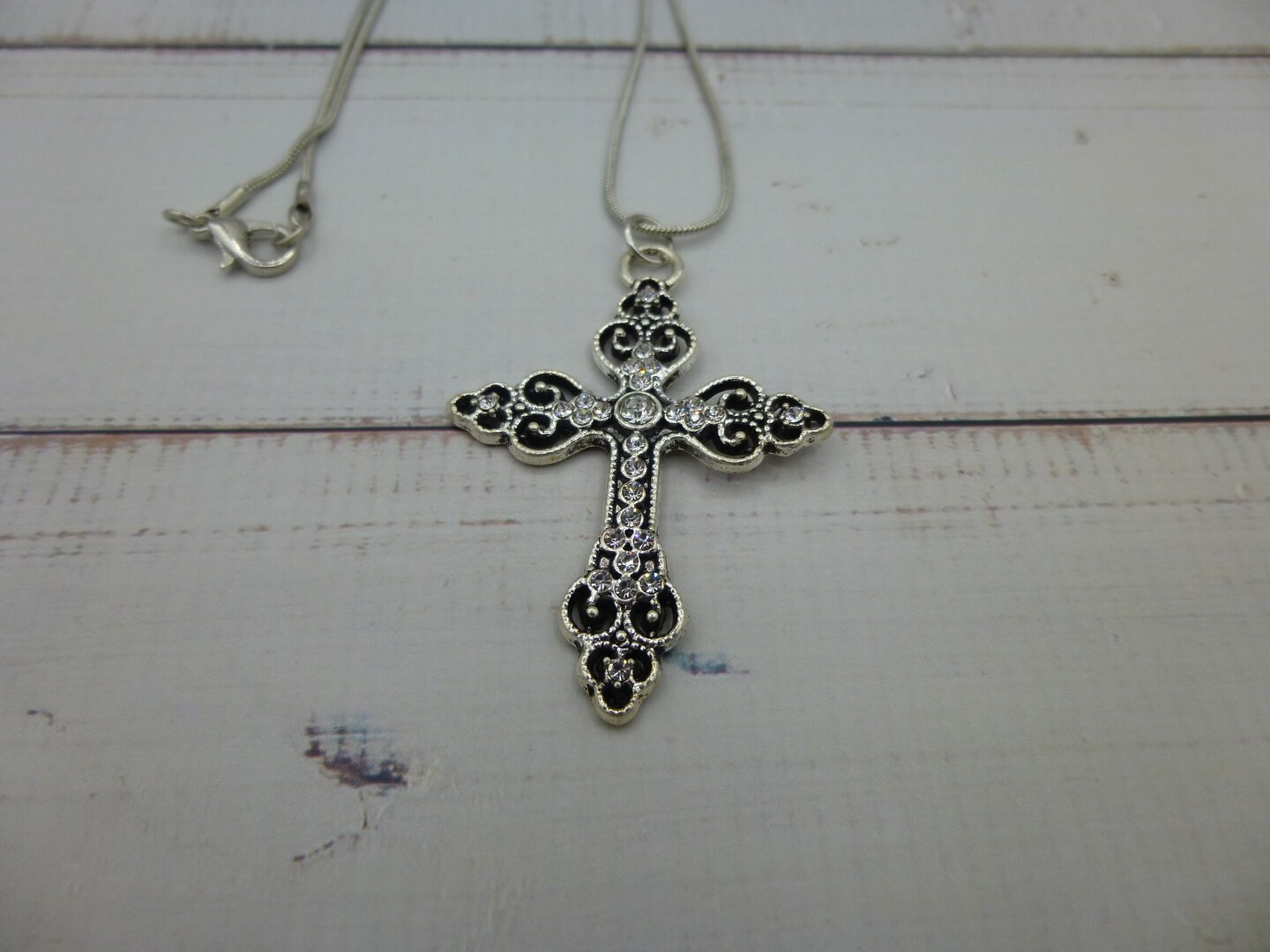 Rhinestone Cross Pendant Clear Color on 24 Inch Silver Plated Snake Chain  Jewelry Handcrafted Religious