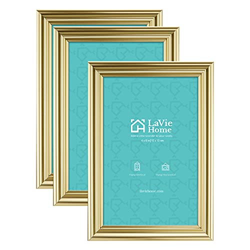 LaVie Home 4x6 Picture Frames(3 Pack, Gold) Wall or Tabletop Display, Graceful Beveled Detail