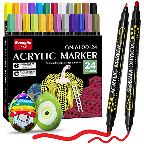 24 Colors Paint Markers Paint Pens, Dual Tip Acrylic Paint Pens, Ideal for Wood, Rock Painting, Canvas, Stone, Glass, Ceramic, DIY Crafts Making Art