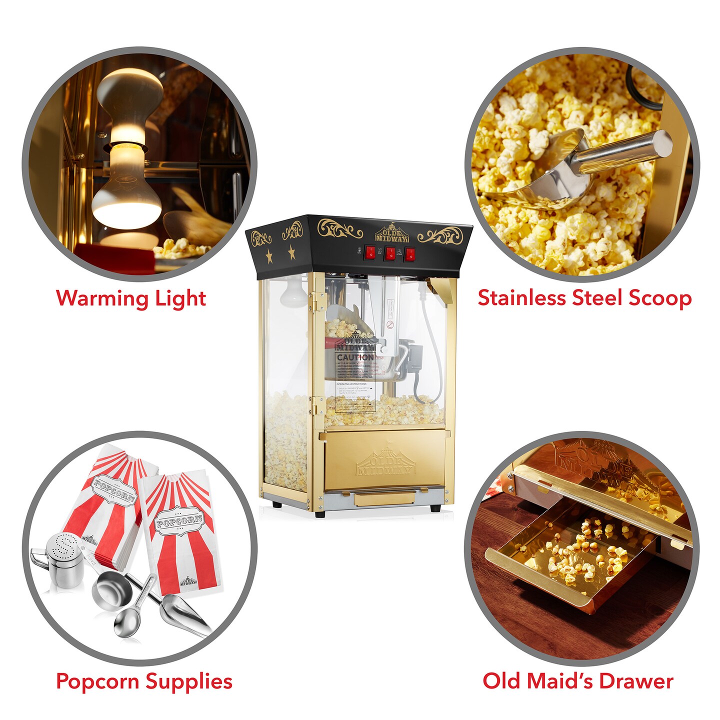 Olde Midway Movie Theater-Style Popcorn Machine Maker with 8-Ounce Kettle, Vintage-Style Countertop Popper