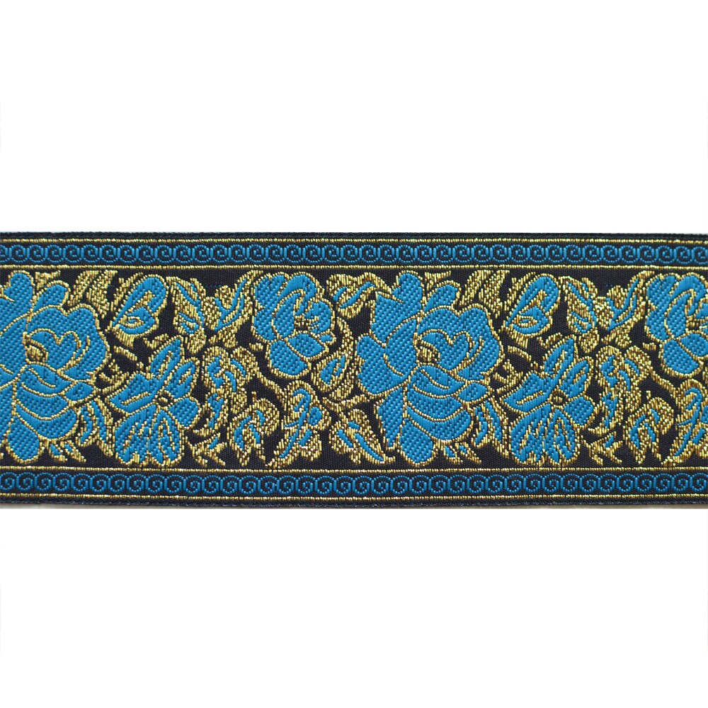 Designer&#x27;s Shop Jacquard metallic gold Blue Rose Floral ribbon trim, 2&#x22; (50mm) x 9 yards, JL 426