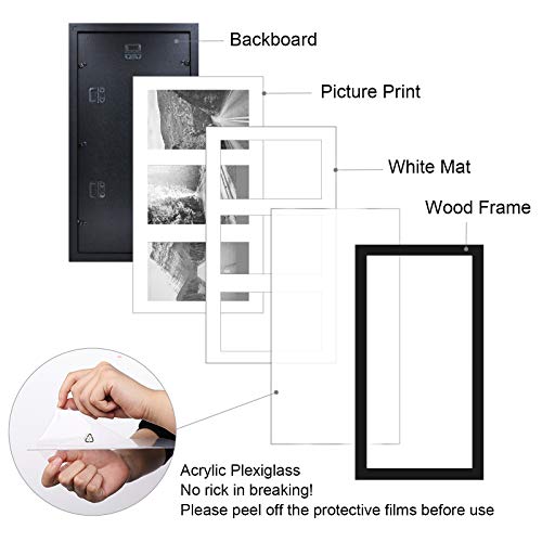 Egofine 8x16 Collage Picture Frame Set of 2, Display Multiple Three 5x7 Pictures or 8x16 without Mat - Made of Solid Wood with Plexiglass - Horizontal and Vertical Formats for Wall, Black