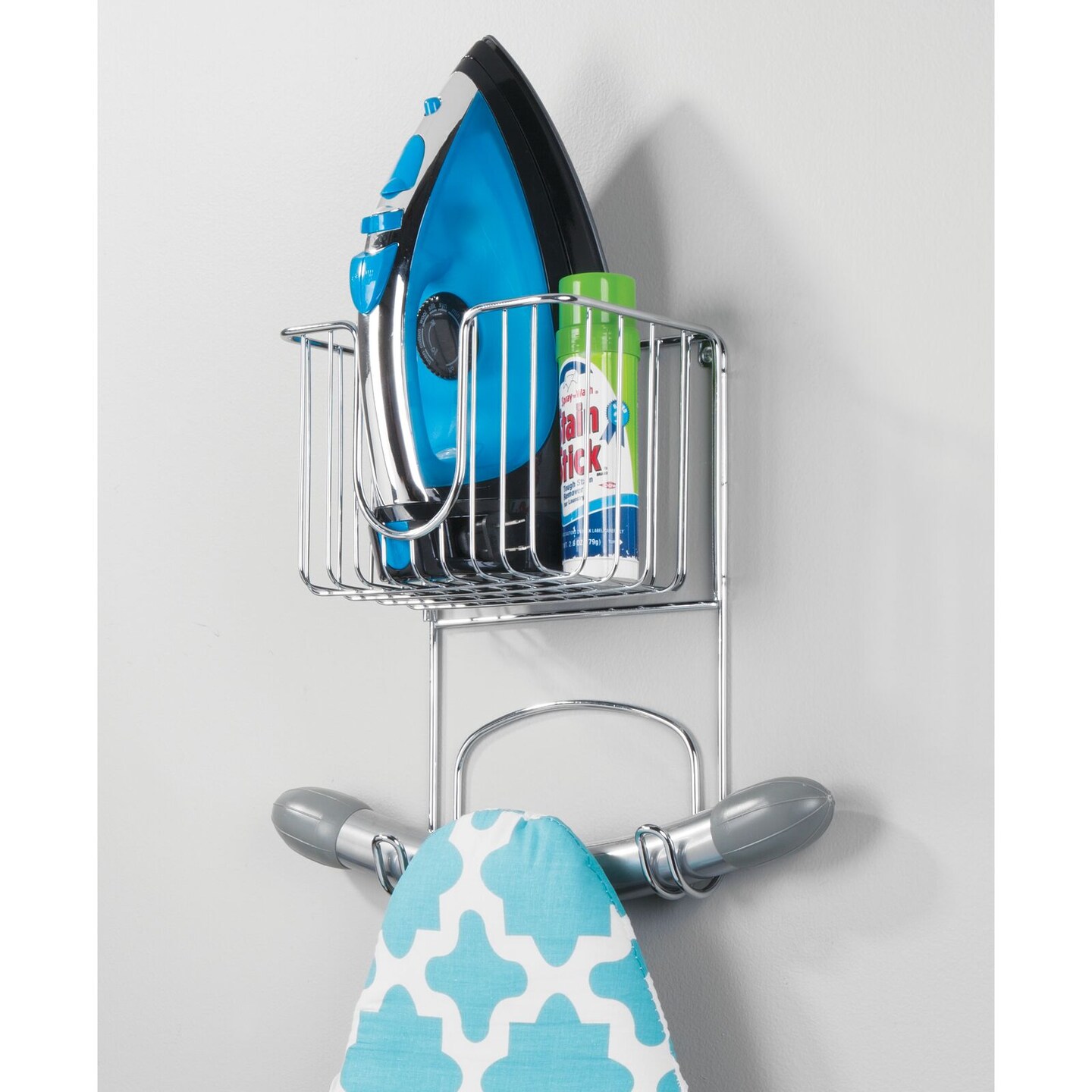 mDesign Metal Wall Mount Ironing Board Holder with Small Storage Basket