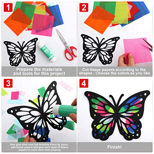 Outus Butterfly Stained Glass Effect Paper Butterfly Suncatcher, 6 Types for Window Art Classroom Art Craft Party Favor Travel Toy, 6.3 x 4.3 Inch with Colored Paper (12 Pieces)