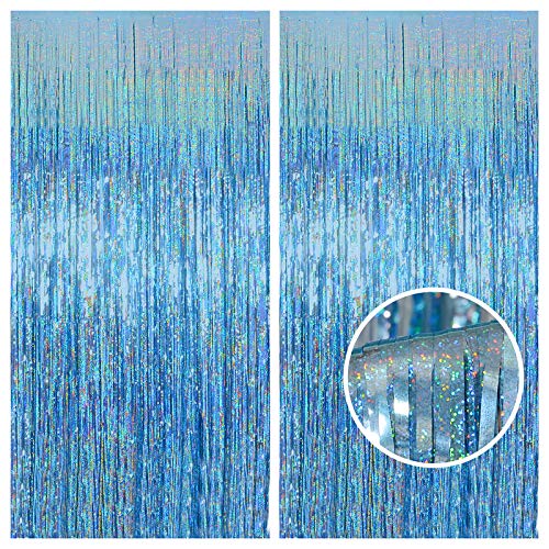 2 Pack 3.2 ft x 8.2 ft Tinsel Foil Fringe Curtains Backdrop, Sparkle Metallic Foil Curtains for Party Photo Booth Props Decoration, Light Blue