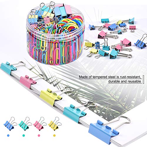 Binder Clips Paper Clips, Sopito 300pcs Colored Office Clips Set with Paper Clamps Paperclips Rubber Bands for Office and School Supplies, Assorted Sizes
