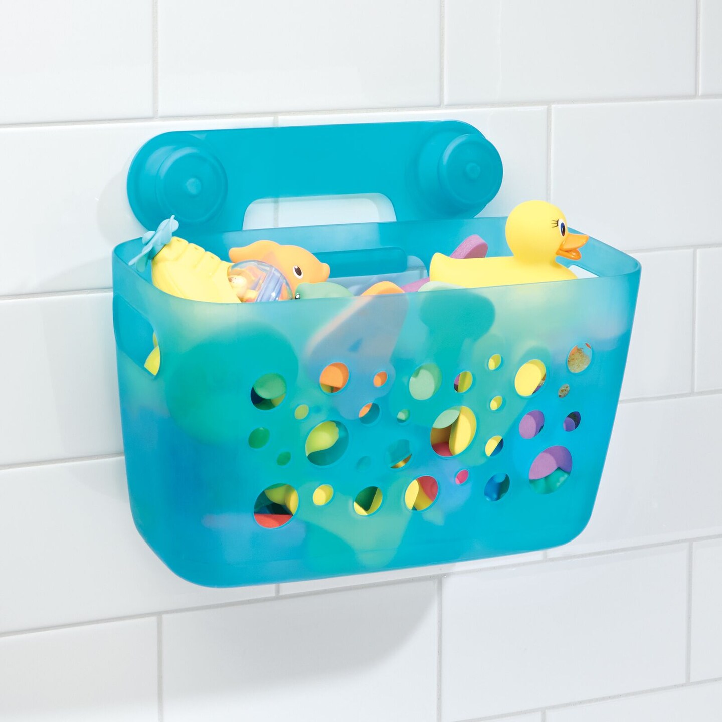 mDesign Kids Suction Wall Mounted Storage Basket for Bathroom, Small - Aqua Blue