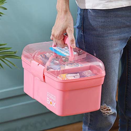 11'' Plastic Storage Box with Removable Tray, Multipurpose Organizer and Storage Case for Art Craft and Cosmetic (Pink)