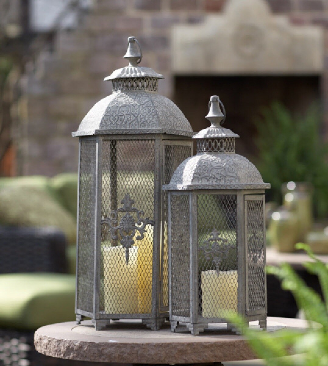 Melrose Set of 2 Antique Mesh Lantern Pillar Candle Lanterns 25.5"