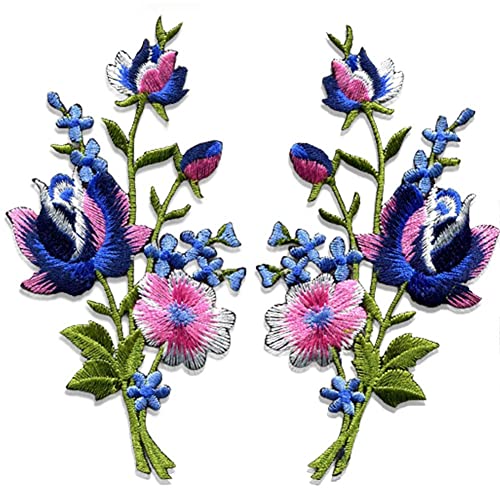 Pink and Blue Roses Pair - Floral Bouquet Embroidered Appliques, Iron-On Patches, New