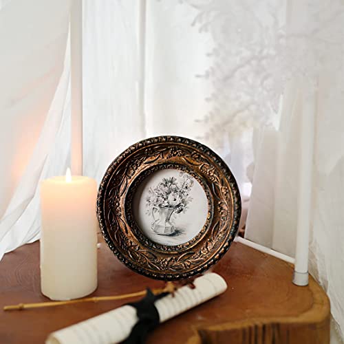 Small Vintage 3&#xD7;3 Round Picture Frame Antique Ornate Mini Photo Frame Table Top Display and Wall Hanging with High Definition Glass Front for Home Decor, Old-Fahioned Photo Gallery, Retro Art, Bronze Gold
