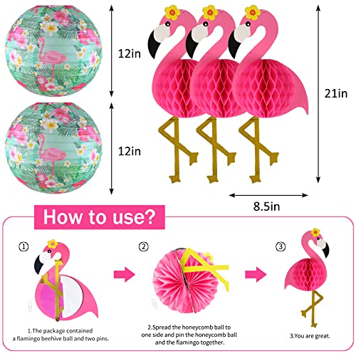 Flamingo Party Decorations - Hawaiian Party Supplies with Flamingo Palm Leaves, Hibiscus Flowers, Paper Lanterns, and Hot Pink Honeycomb Tissue Paper Fans for Luau Birthday Party and Home Decor