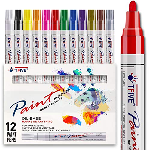 Paint Pens Paint Markers Never Fade Quick Dry and Permanent, 12 Color Oil-Based Waterproof Paint Marker Pen Set for Rock Painting, Ceramic, Wood, Fabric, Plastic, Canvas, Glass, Mugs, DIY - TF001
