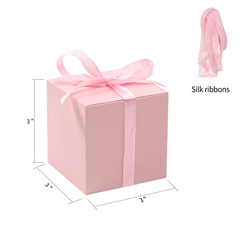 100pcs Wedding Favor Boxes, Paper Gift Boxes 3x3x3 Inches Small Gift Boxes with Ribbons Small Boxes for Gifts, Crafting, Cupcake, Candy, Bridesmaid Proposal Boxes,Easy Assemble Boxes (Pink, 100)