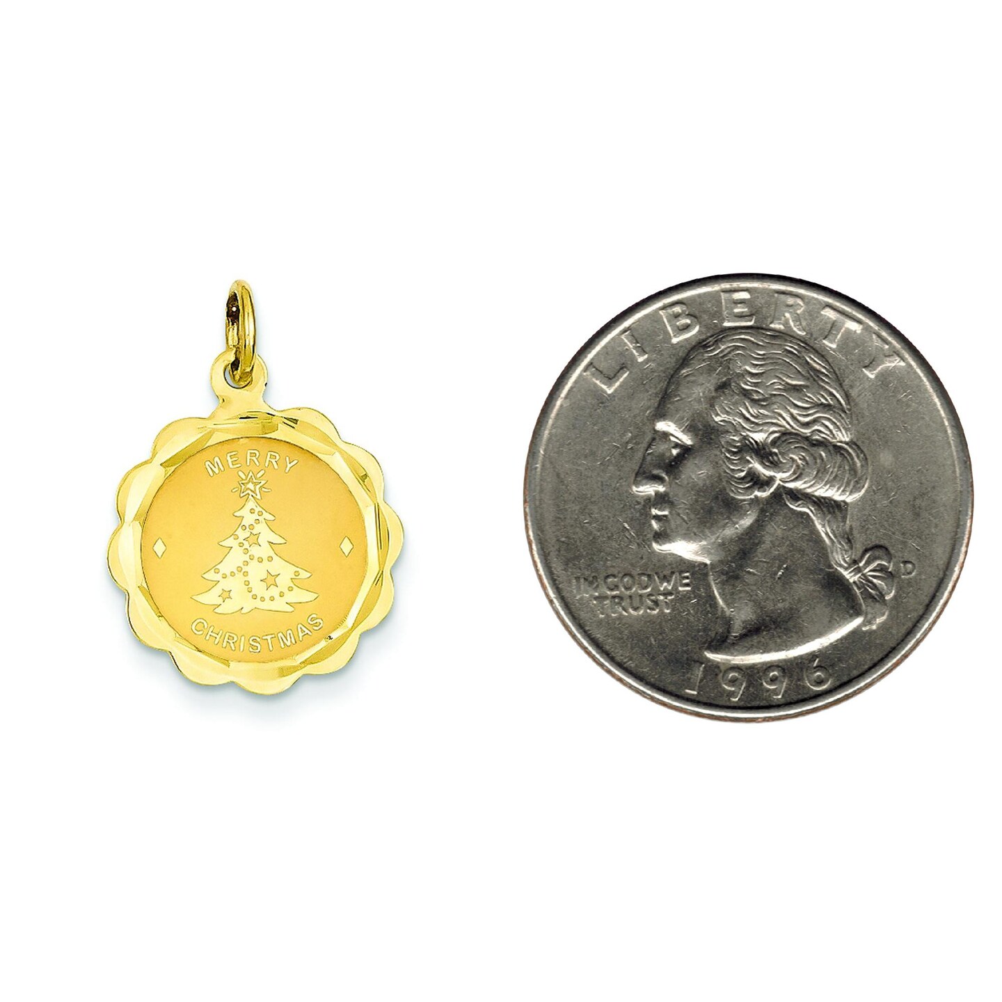 14K Yellow Gold Merry Christmas Tree Disc Charm Pendant Jewerly 21mm x 15mm