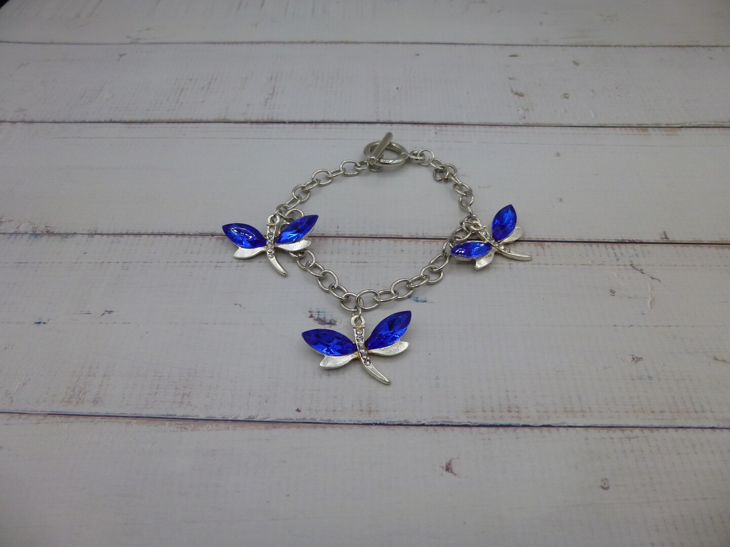 Dragonfly Toggle Bracelet Silver Tone Blue Dragon Fly Jewelry Handcrafted