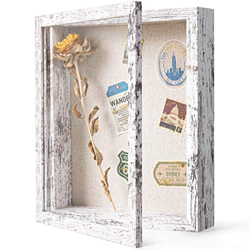 Califortree 8x10 Shadow Box Frame with Linen Back - Sturdy Rustic Memory Display Case of Flower, Pictures, Medals and More, Distressed White