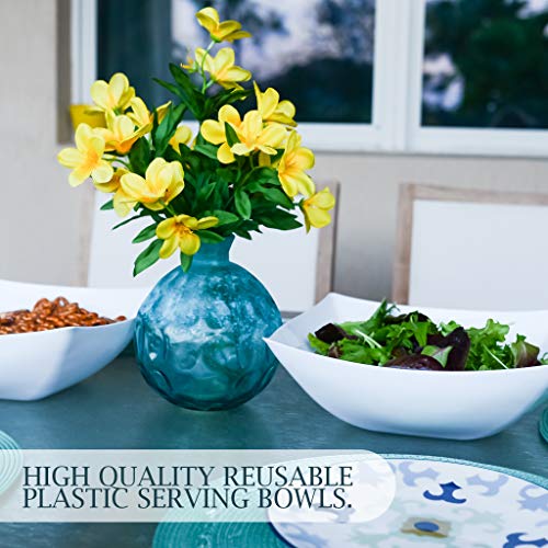 Disposable 128 ounce Square Serving Bowls, Party Snack or Salad Bowl, Extra Large Plastic Elegant White Pack of 4