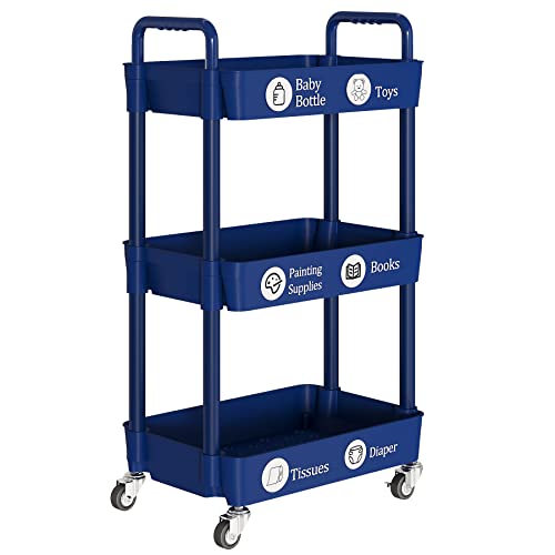 Laiensia 3-Tier Kitchen Storage Cart,Multifunction Utility Rolling Storage  Organizer,Mobile Shelving Unit Cart with Lockable Wheels for