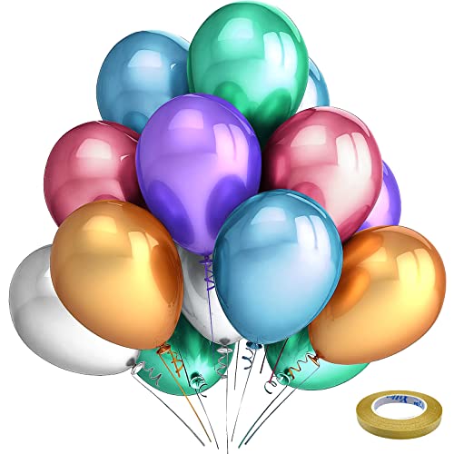 100 Pack 12 Inch Metallic Chrome Latex Balloons - Assorted Colors for Birthday, Baby Shower, and Wedding Decorations