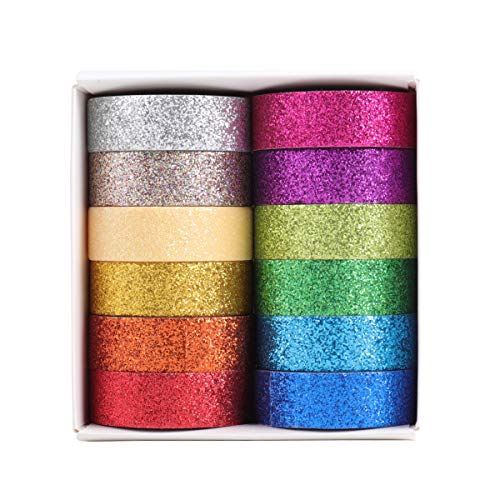 DIY Glitter Washi Tape Set 12 Rolls Colored Masking Tape Sparkle Decorative Tape for Art Scrapbooking Decor and Crafts (Dark)