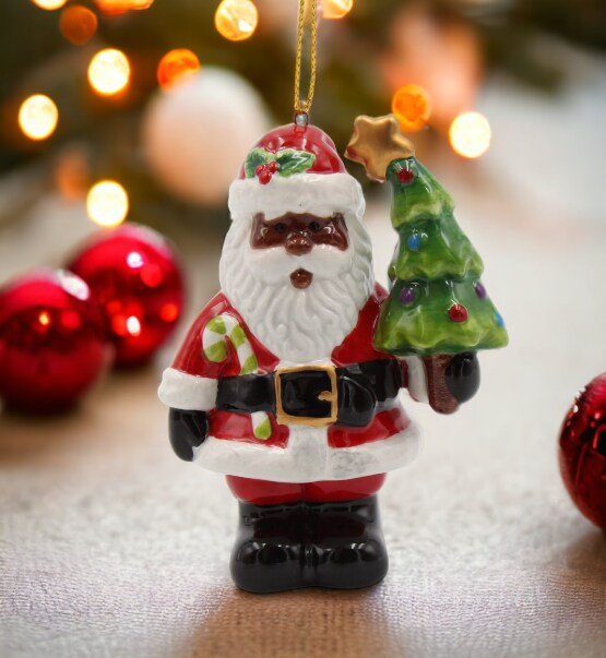 Ceramic African American Santa Claus With Christmas Tree Ornament, Home D&#xE9;cor, Gift for Her, Gift for Mom, Kitchen D&#xE9;cor, Christmas D&#xE9;cor