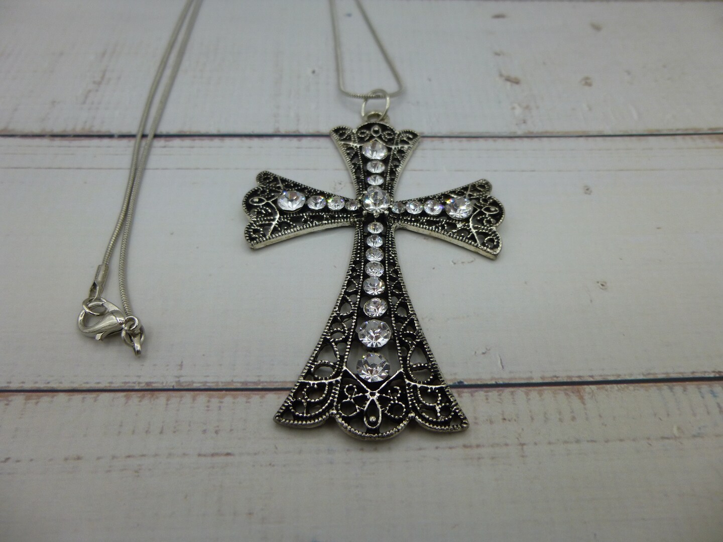 Rhinestone Cross Pendant Clear Color on 24 Inch Silver Plated Snake Chain  Jewelry Handcrafted Religious