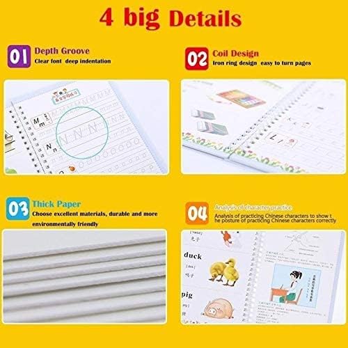 Magic Ink Copybooks for Kids Reusable Handwriting Workbooks for Preschools Grooves Template Design and Handwriting Aid Practice for Kids The Print Writing (4 Books with Pens)