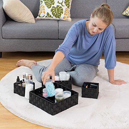 VK Living Woven Storage Box Basket Bin Container, Woven Strap Basket, Nylon Woven Box Basket, Underwear Bra Storage Organizer Divider for Drawer, Dresser, Closet, Black, Set of 4