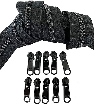 #5 YKK Continuous Nylon Coil Black Zipper Chain Includes #5 Black Non-Locking Long Pulls with Bottom Stops - Color Black - Choose Your Length - Made in The United States (5 Yards &#x26; 10 Pulls)