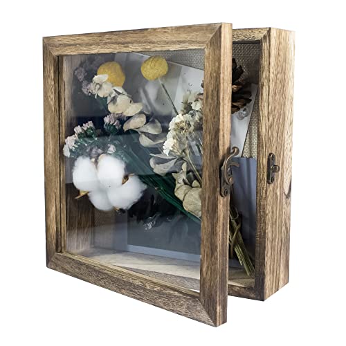 GraduationMall 8x8 Shadow Box Frame Solid Wood Glass Door Display Case with  Linen Back and 6 Stick Pins,1.5 inches Interior Depth,Ideal for Memorabilia  Pictures Flowers Medals Tickets