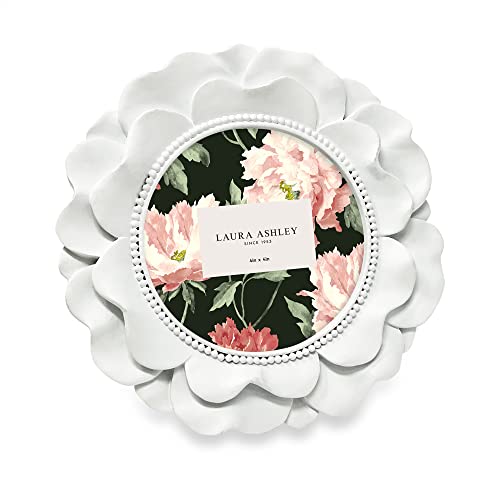 Laura Ashley 4x4 White Round Resin Ornate Flower Design Picture Frame with Beaded Border, for Tabletop and Wall Display, Floral Home D&#xE9;cor (White)
