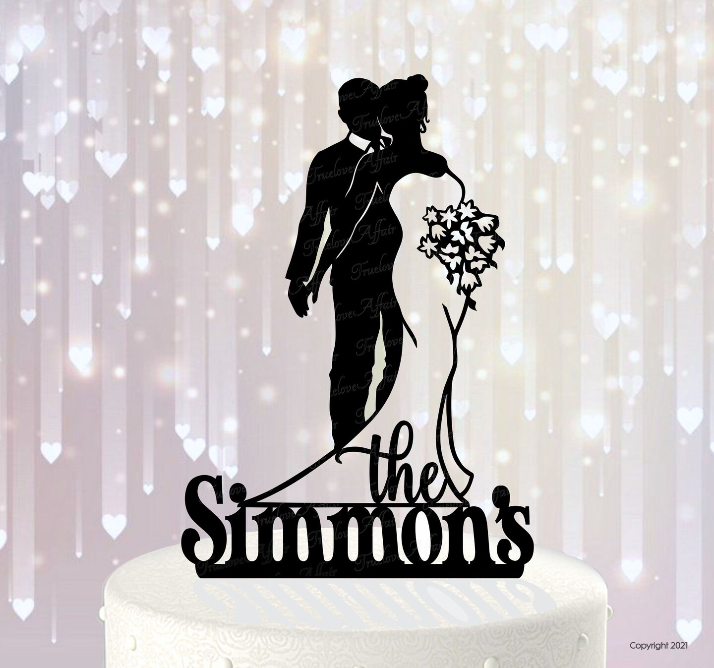 Silhouette Wedding Cake Topper ~ Bride and Groom Embracing with Last ...