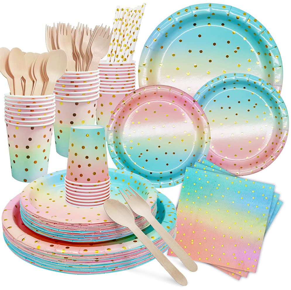 168PCS Pink and Gold-Pastel Party Supplies, Severs 24 Disposable Party  Dinnerware Include Paper Party Plates, Cups, Napkins, Straw, Wooden Fork  Spoon for Wedding, Rainbow Party, Birthday Baby Shower