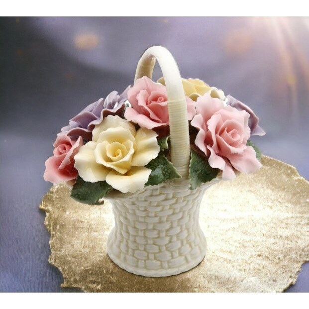 kevinsgiftshoppe Ceramic Rose Flowers Basket Figurine Wedding Decor or Gift Anniversary Decor or Gift Home Decor