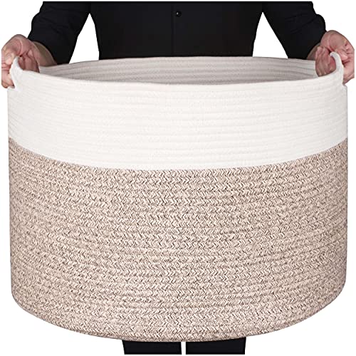 MINTWOOD Design Extra Large 22 x14 Inches Decorative Woven Cotton Rope Basket, Laundry Basket, Blanket Basket, Dog Toy Storage Baskets Bin, Laundry Hamper, Towel Basket, Light Brown