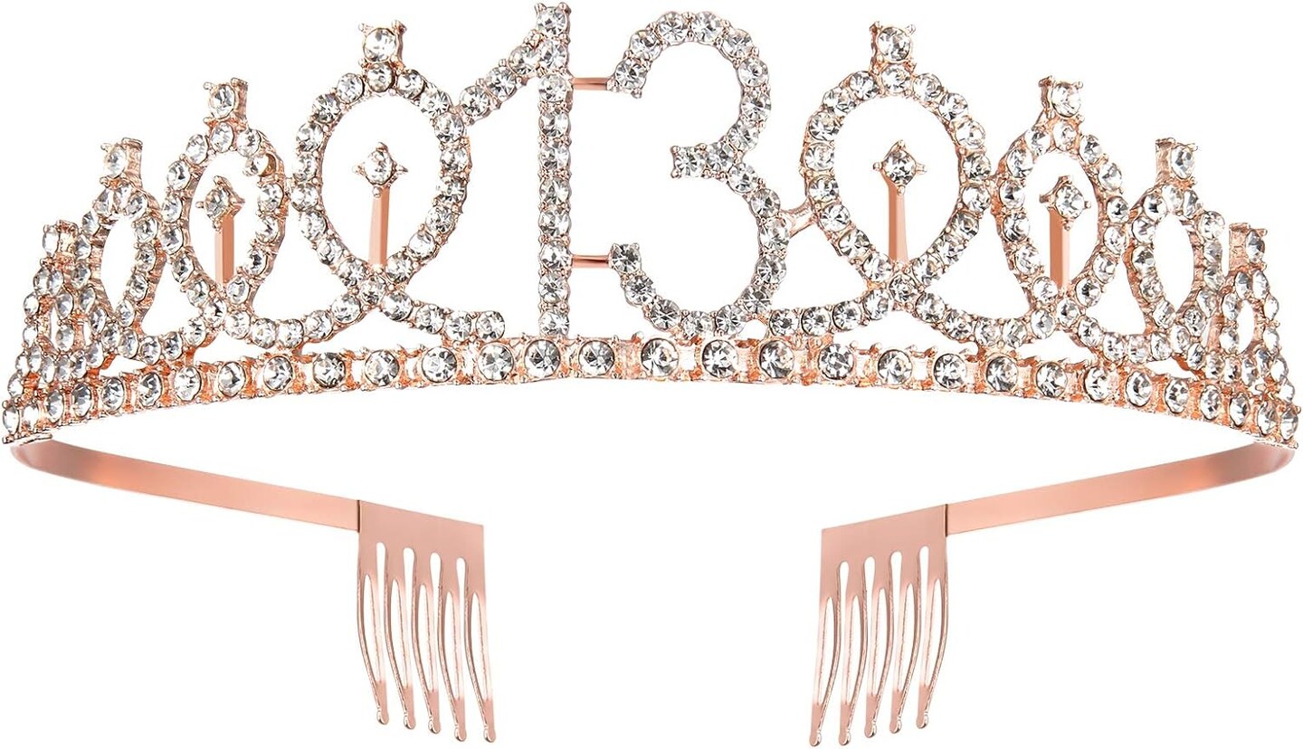 13th Birthday Sash and Crown for Girls, Rose Gold Official Teenager Sash and Tiara for Girls, 13th Birthday Gifts for Happy 13th Birthday Party Favor Supplies