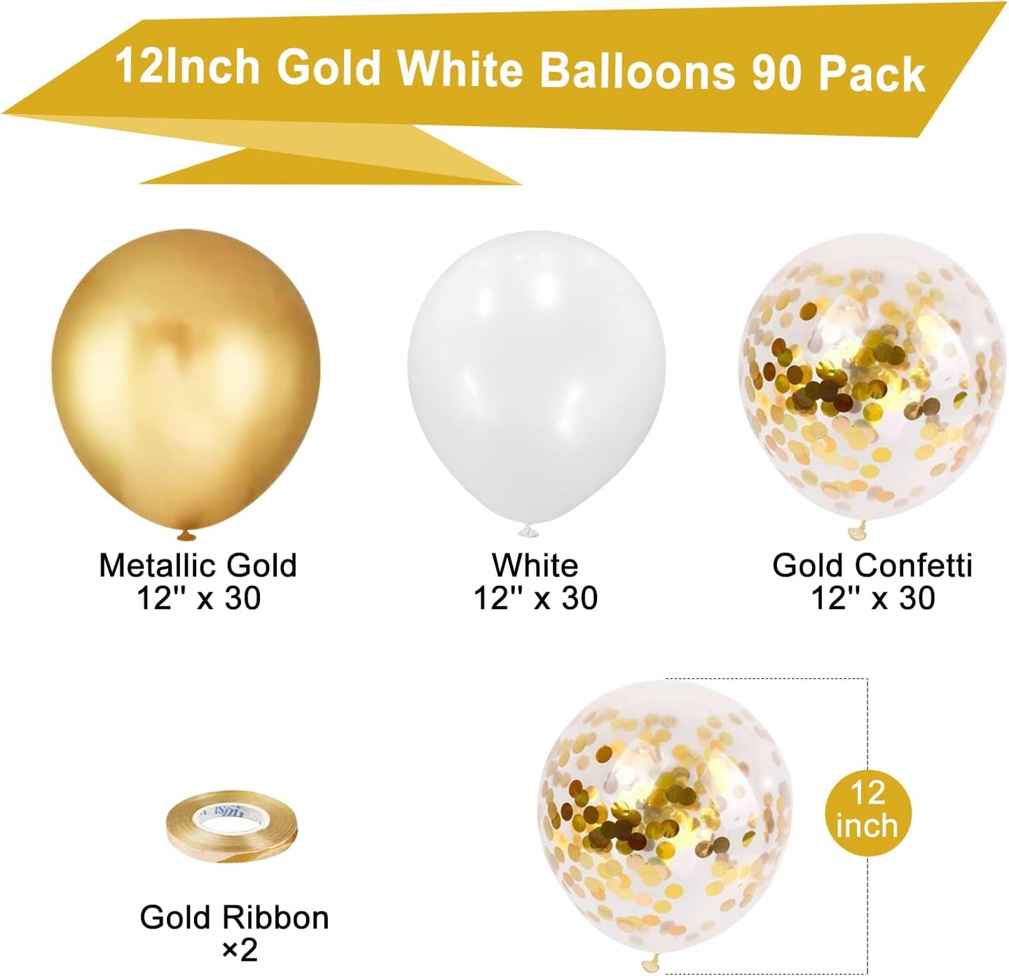 90Pcs Gold and White Confetti Balloons, 12 Inches Gold Glitter Balloons, White Metallic Glod confetti Letax Balloons, Thicken Gold Glitter White Matte Party Balloons for Balloon Garland Arch