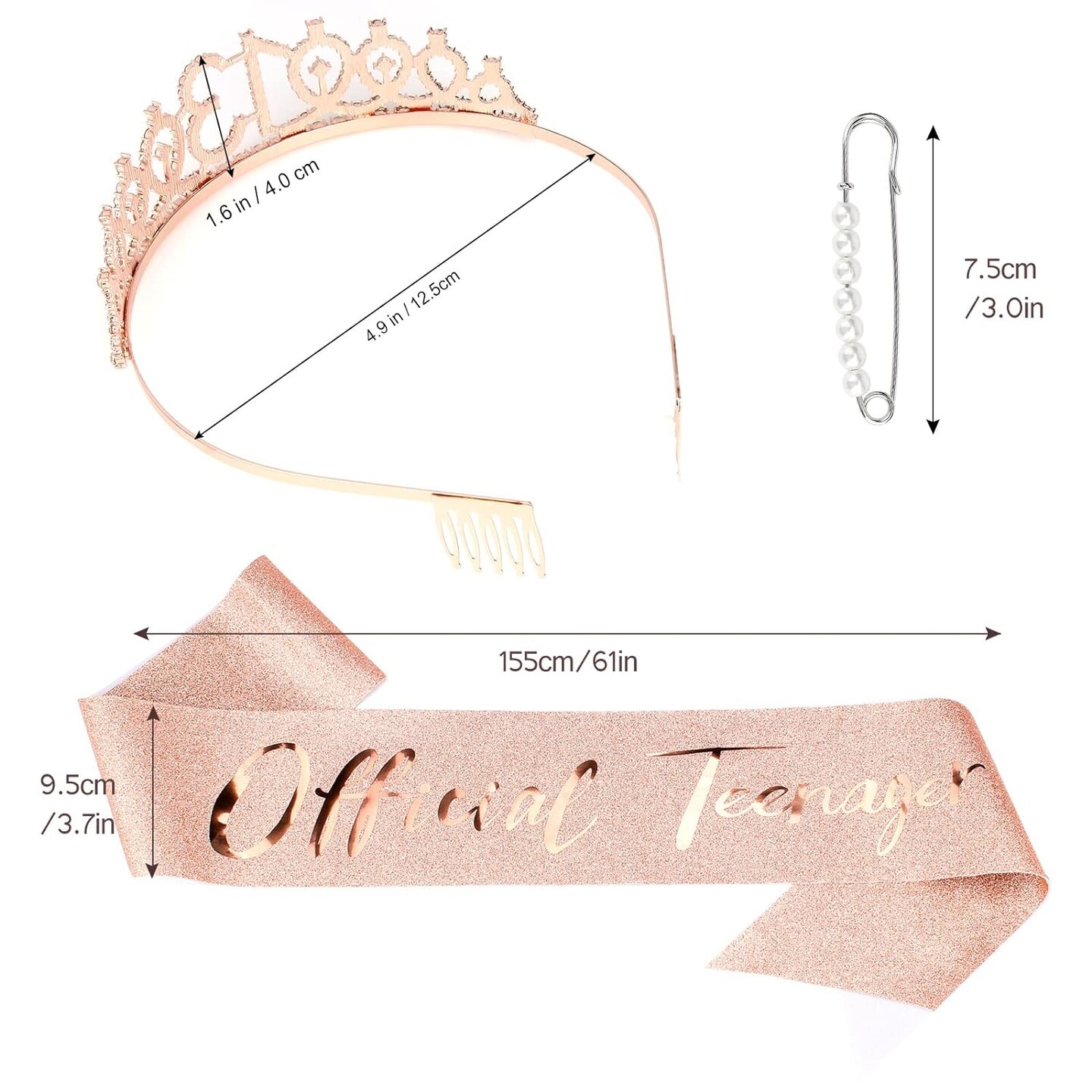 13th Birthday Crown for Girls &#x26; Official Teenager Birthday Sash &#x26; Pearl Pin Set, 13 Birthday Tiara, Birthday Gifts for Teen Girls, 13th Birthday Decorations for Girls, Teen Girl Gifts Rose Gold